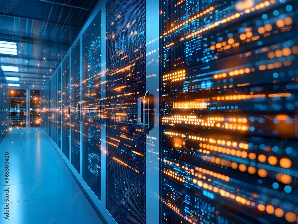 Poster server room with data flow and lights.