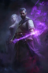 Obraz premium A strong looking mage in his thirties with a short beard, wielding a short sword glowing with dark purple energy