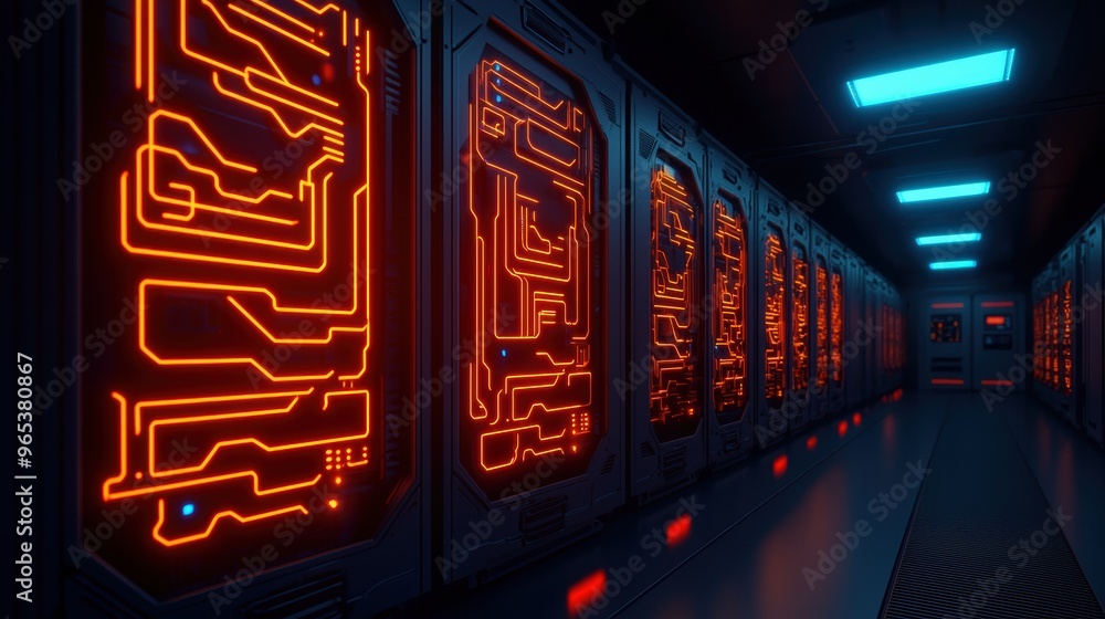 Aufkleber illuminated advanced robotics lab with futuristic equipment in model