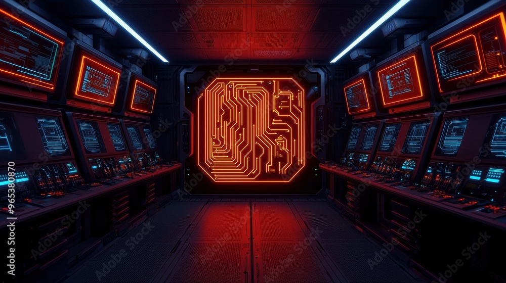 Aufkleber advanced robotics lab - model of futuristic equipment with glowing circuits in