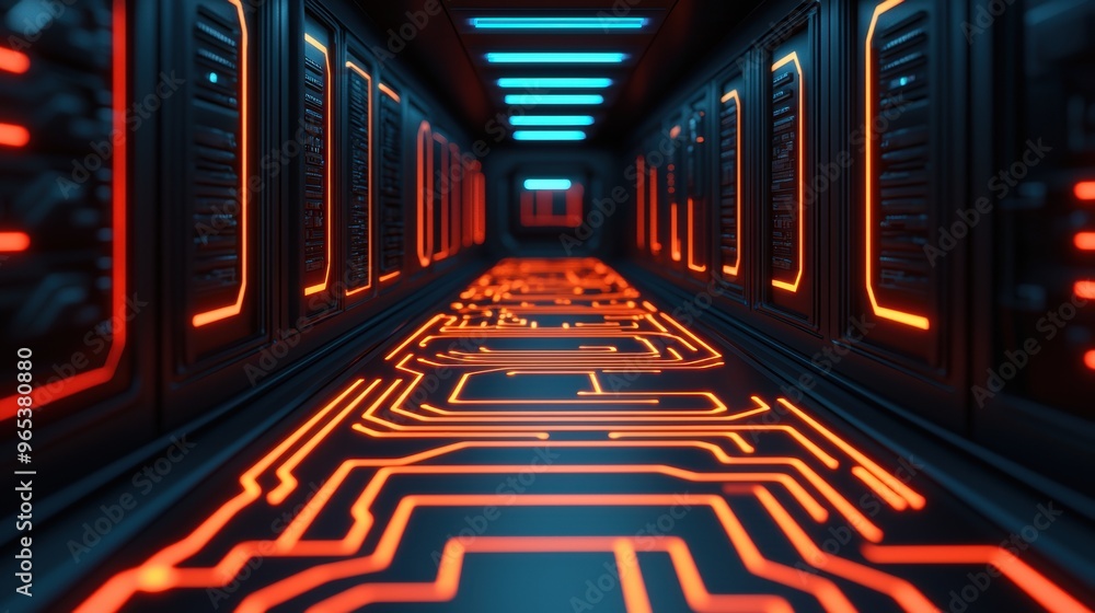 Aufkleber futuristic robotics lab with glowing circuits and advanced equipment in ultra hd 3d model