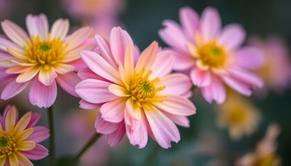 Bouquet of pink and yellow chrysanthemums with a soft, blurred background.