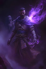 Naklejka premium A strong looking mage in his thirties with a short beard, wielding a short sword glowing with dark purple energy