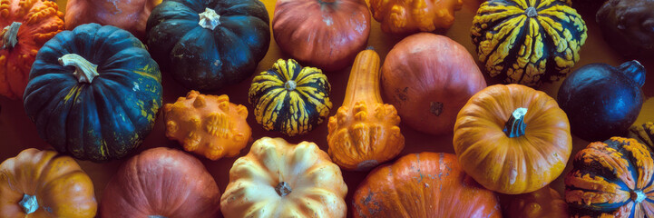 Colorful Assortment of Pumpkins and Gourds Displayed for Autumn Harvest.