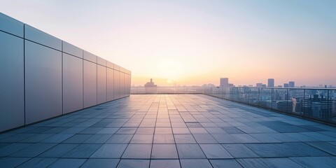 Fototapeta premium Wide Angle View of Modern Rooftop Architecture Overlooking City Skyline at Sunrise Generative AI