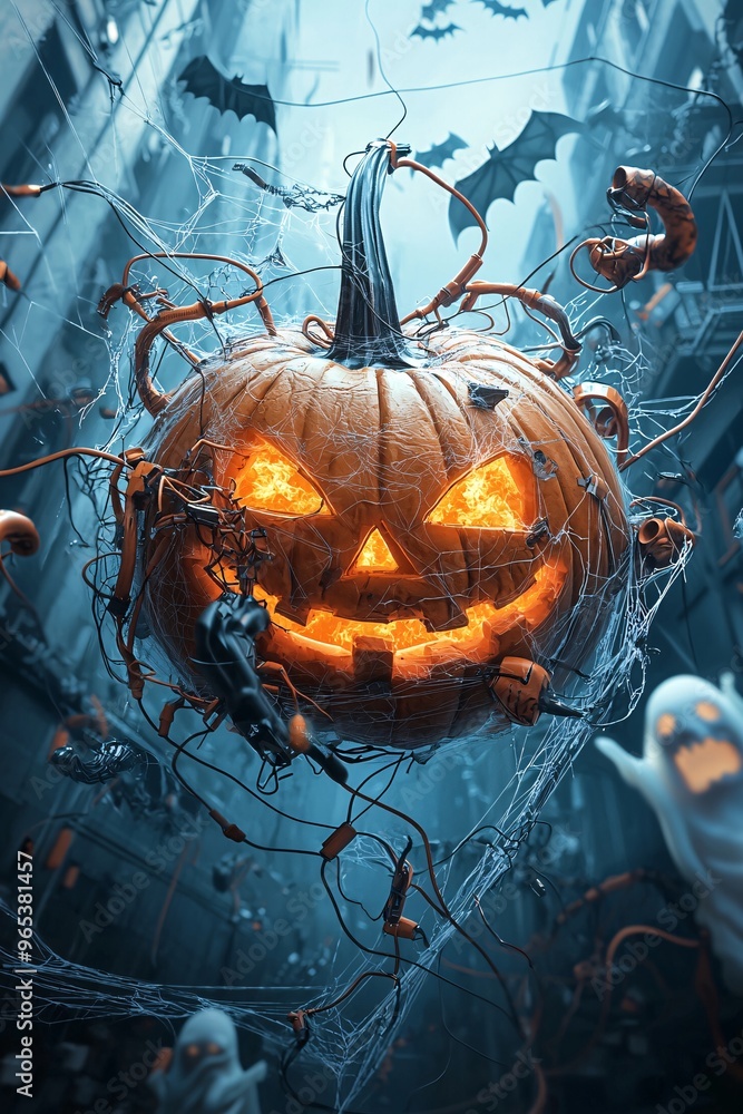 Poster a futuristic jack-o'-lantern floating in a high-tech urban environment with holographic ghosts and b