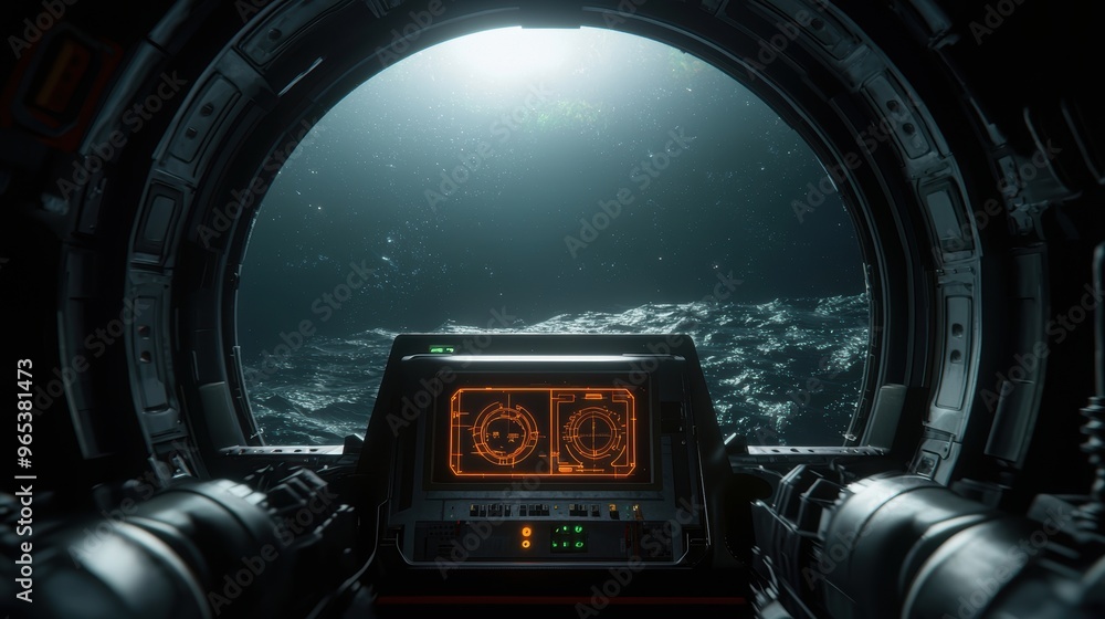 Poster futuristic oil platform with holographic controls in dark ocean environment - with glowing technolog