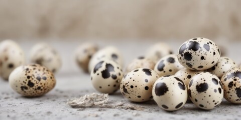 Group of quail eggs with black spots arranged on white surface,
