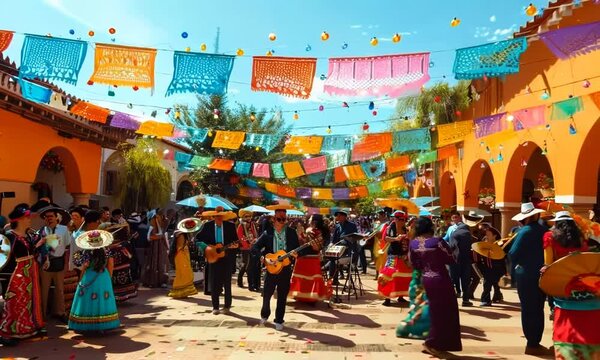 A lively Cinco de Mayo fiesta with mariachi music, dancing, and colorful decorations. Video