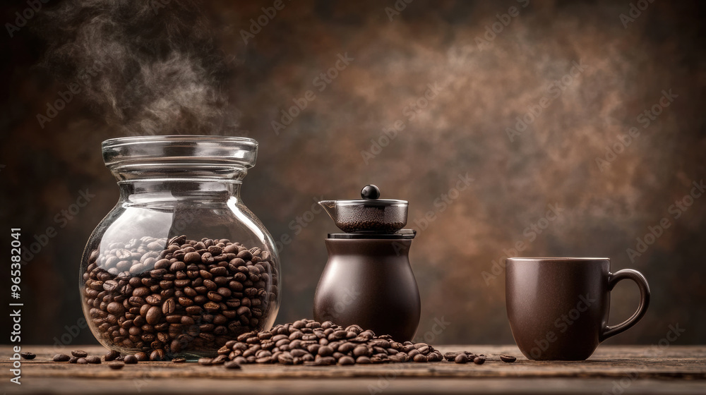 Poster A coffee beans are scattered on a table next to two mugs, AI