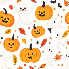 A Halloween themed pattern of white ghosts and leaves