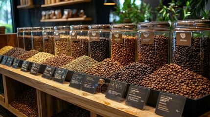 Coffee varieties from global origins, beautifully arranged selection of beans from various countries, informative display on coffee regions, rich textures and colors, focus on the uniqueness of each