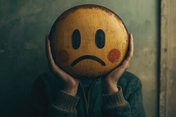 A man holding a yellow sad face mask, This image show the depression. Created with Ai