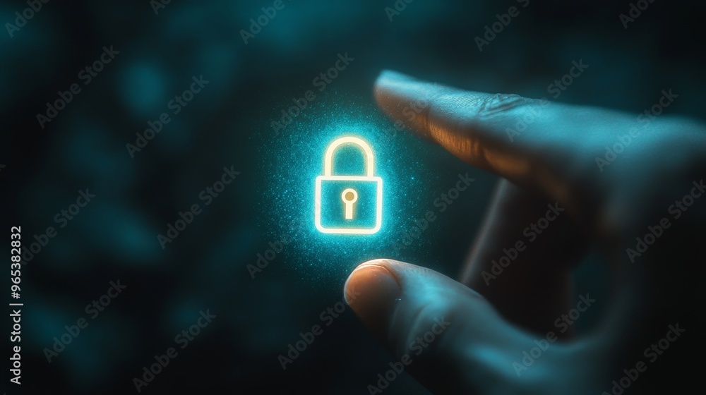 Aufkleber finger pointing at glowing neon abstract lock icon on navy background generative ai
