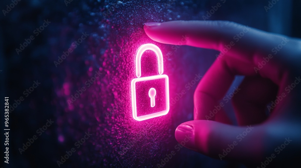 Poster finger pointing at glowing neon abstract lock icon on navy background, access control concept genera