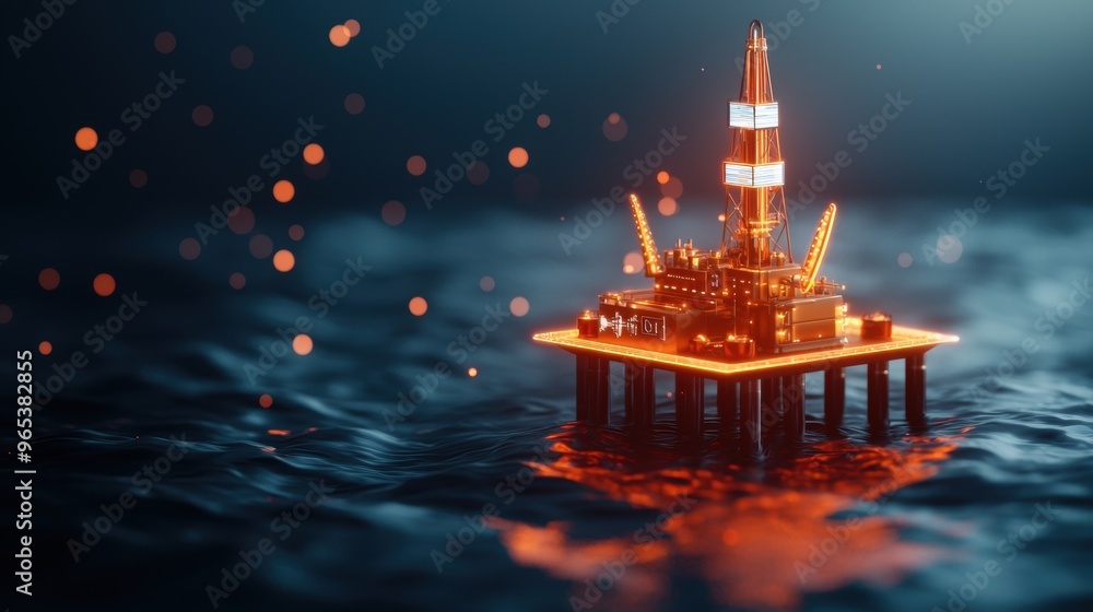Poster futuristic augmented reality oil drilling interface in dark offshore setting - with copy space and s
