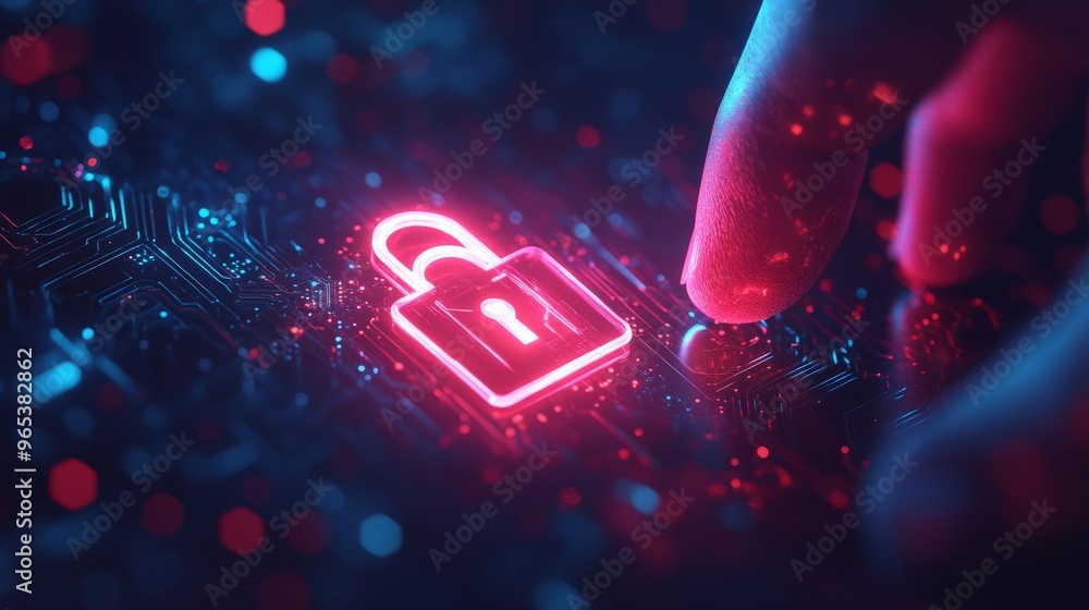 Aufkleber finger pointing at glowing neon abstract lock icon on navy background generative ai