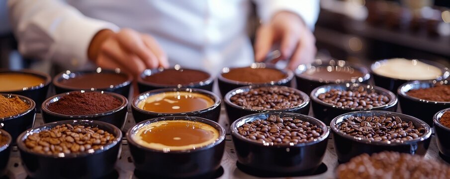 Guided coffee flavors comparison event, close-up of different coffee samples, participants analyzing flavors with expert guidance, detailed tasting notes, elegant setup, focus on flavor profiles and