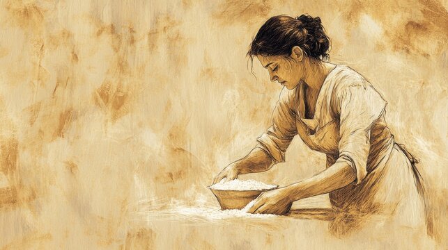 Leviticus Ritual: Woman Preparing Fine Flour for Bread Offering, Reverence and Care, Biblical Illustration, Bible Wall Art, Beige Background
