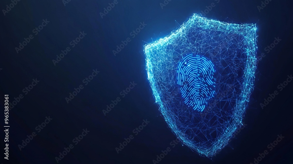 Poster cyber security. shield and fingerprint. polygonal digital concept of guard. isolated technology vect