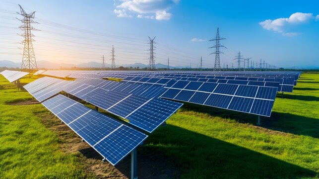 Renewable Solar Energy Farm with Electricity Transmission Lines in the Background