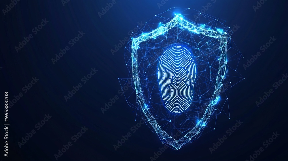 Poster cyber security. shield and fingerprint. polygonal digital concept of guard. isolated technology vect