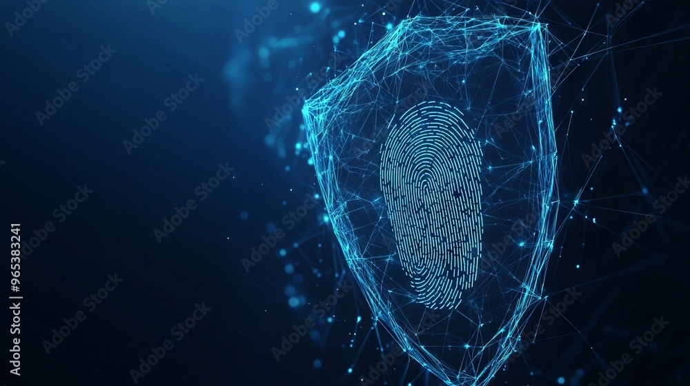 Poster cyber security. shield and fingerprint. polygonal digital concept of guard. isolated technology vect