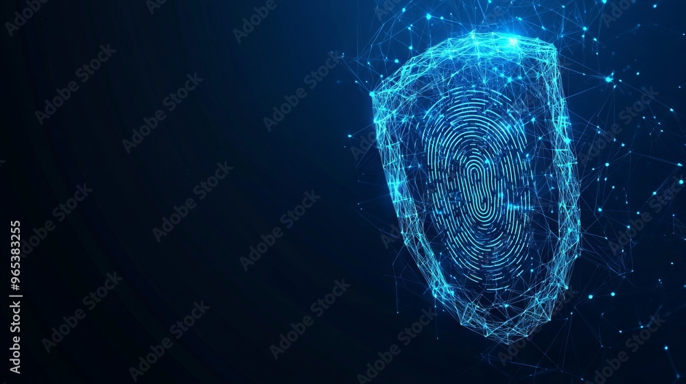 Poster cyber security. shield and fingerprint. polygonal digital concept of guard. isolated technology vect