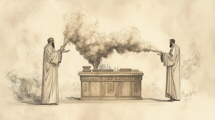 Bible Wall Art, Leviticus, The Ordination of Aaron and Sons, High priest offering incense, fragrant smoke, Biblical Illustration on beige background