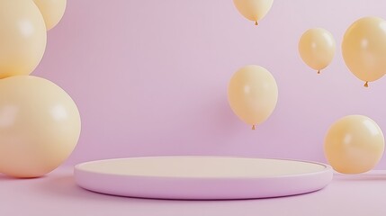 Sophisticated Light Lavender Round Plate with Floating Light Yellow Balloons in a Clean 3D Render, Perfect for Creating Invitations, Announcements, or Ads with Ample Text Space