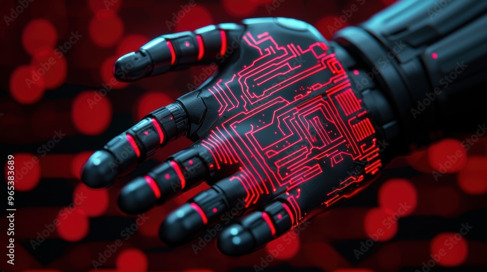 Poster futuristic cybernetic enhancement robotic exoskeleton with glowing circuitry in sci-fi