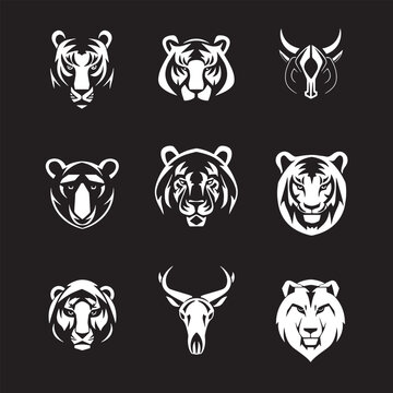 White animal heads on a black background.