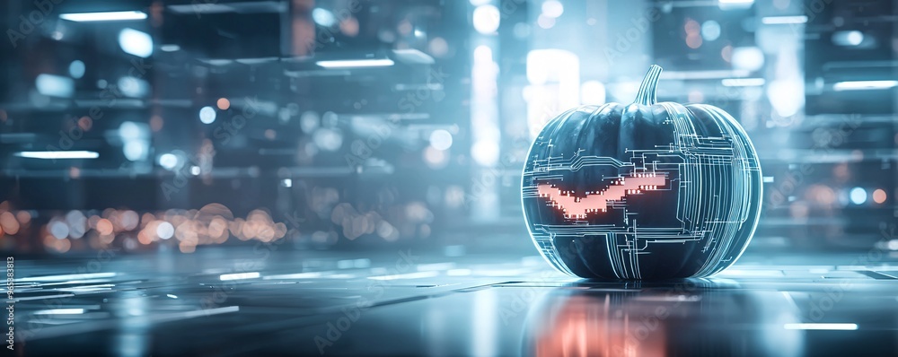Poster a futuristic pumpkin with neon circuitry carved into its surface, set against a high-tech urban back
