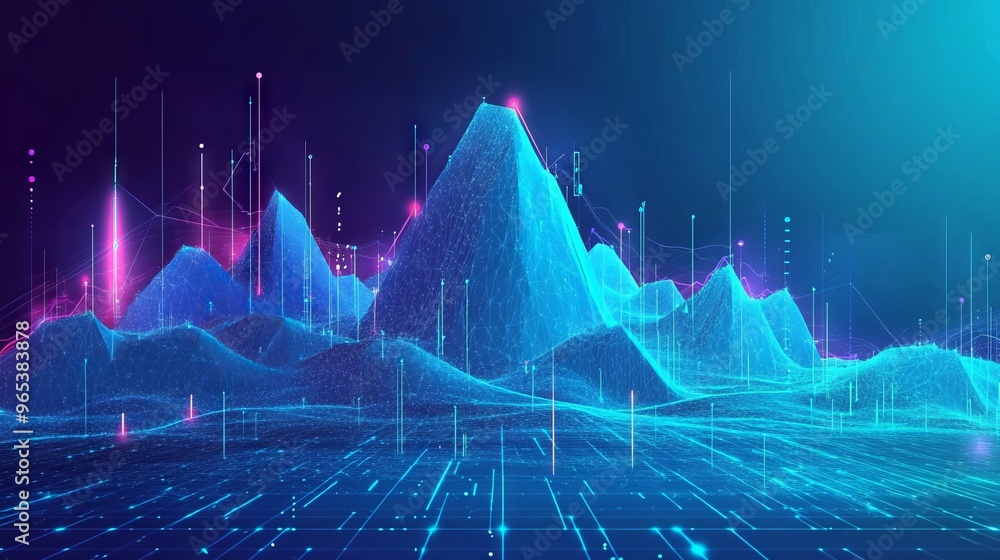 Poster abstract digital mountain and growth graph chart on technology blue background. milestone and succes