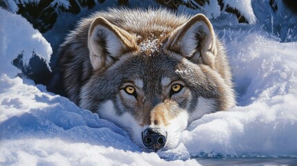 Close-up of a Wolf's Face Partially Submerged in Snow