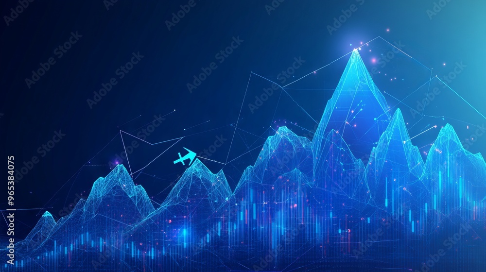 Poster abstract digital mountain and growth graph chart on technology blue background. milestone and succes