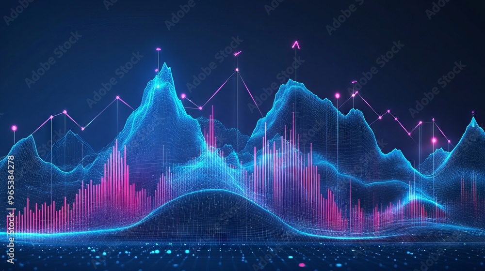 Poster abstract digital mountain and growth graph chart on technology blue background. milestone and succes