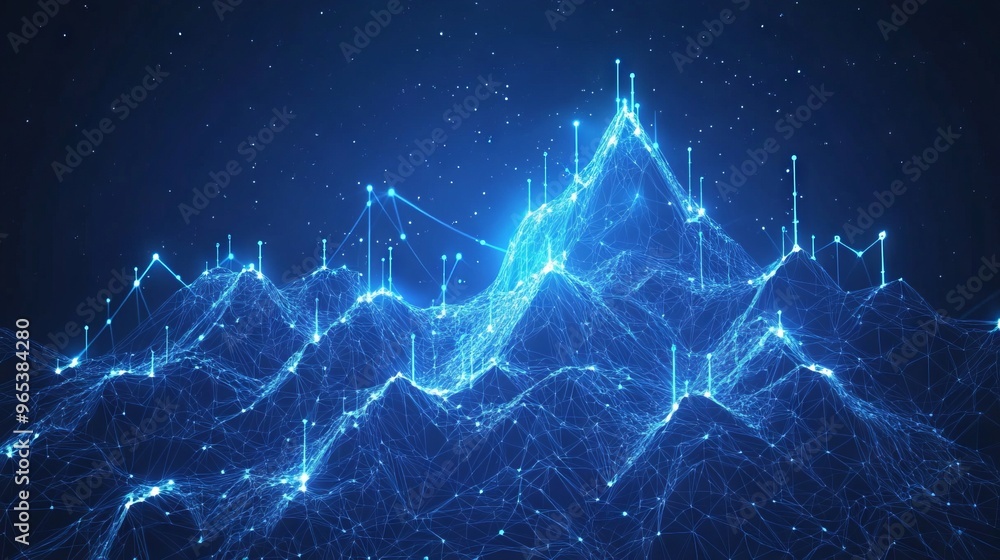 Poster abstract digital mountain and growth graph chart on technology blue background. milestone and succes