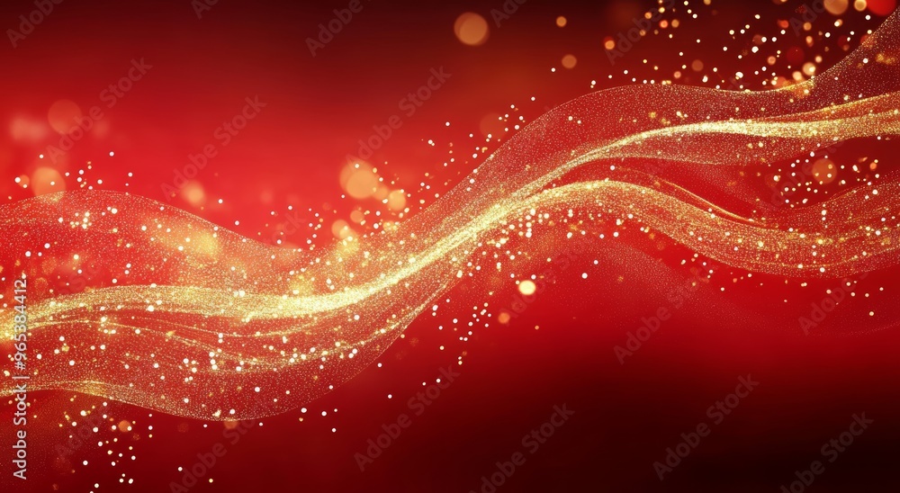 Poster golden wave and particles on red gradient background for abstract design and technology concepts gen