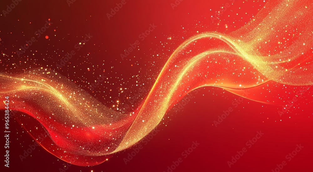 Poster golden wave and particles on red gradient background for abstract design and technology concepts gen