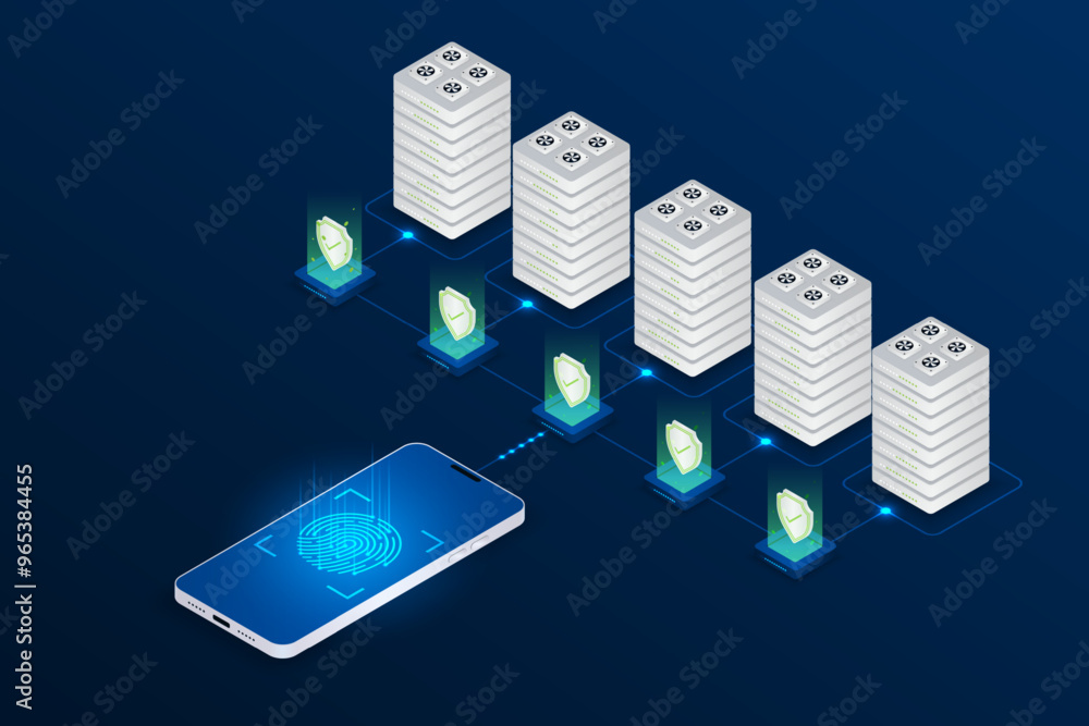 Poster isometric security server cloud storage with smart phone concept.