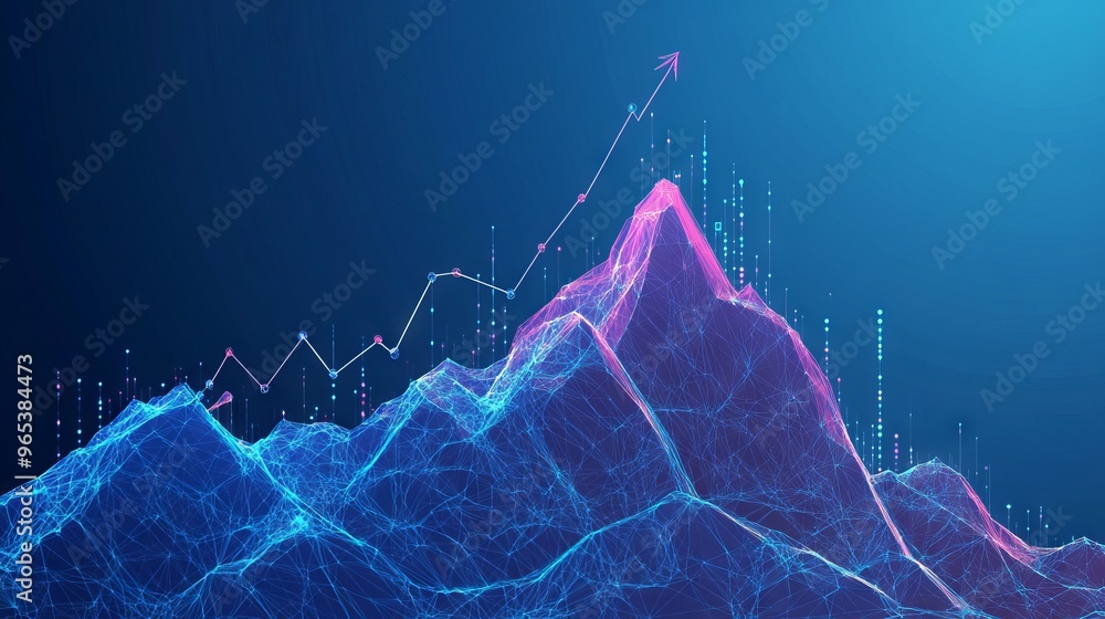 Poster abstract digital mountain and growth graph chart on technology blue background. milestone and succes