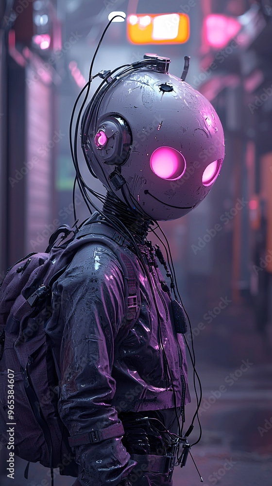 Poster a robotic figure with a glowing pumpkin head standing in a neon-drenched alleyway, merging cyberpunk