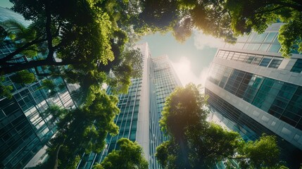 Eco-friendly building. Sustainable glass building with vertical garden reducing carbon dioxide. Green architecture.