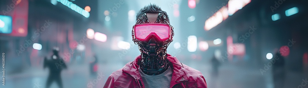 Poster a cyberpunk-styled vampire with glowing fangs and cybernetic implants standing against a neon-lit ur