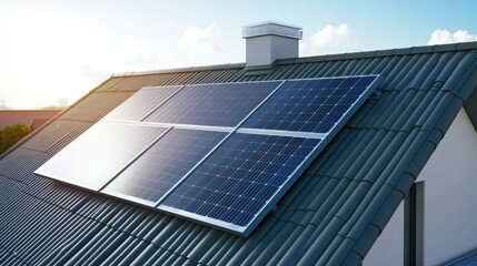 Fototapeta premium A home solar panel system installed on a modern roof, space for eco-friendly messaging.