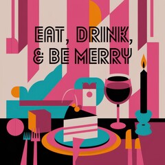 Geometric Retro Poster with Cake, Wine, Candle, and Utensils in Vibrant Colors.