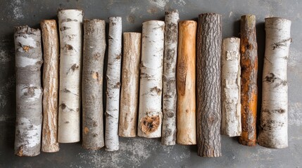 Weathered birch logs with prominent knots, arranged in a flatlay pattern, showcasing the raw beauty of rustic wood textures in varying shades