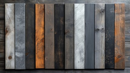 Wood swatch collection in grey tones, arranged side by side. Each panel offers a unique rustic texture, creating a harmonious yet varied monochromatic composition
