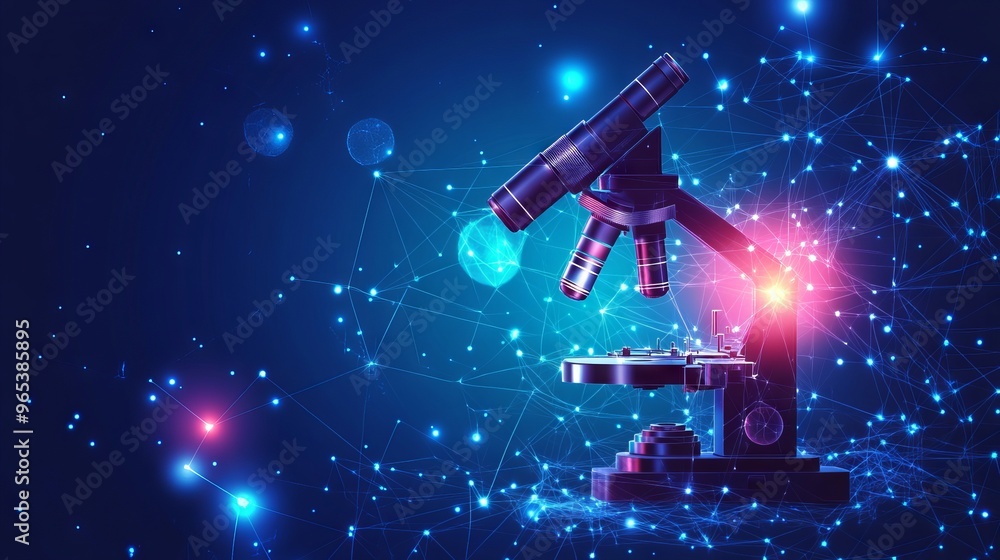Poster abstract mash line and point microscope on background with an inscription. vector education and scie